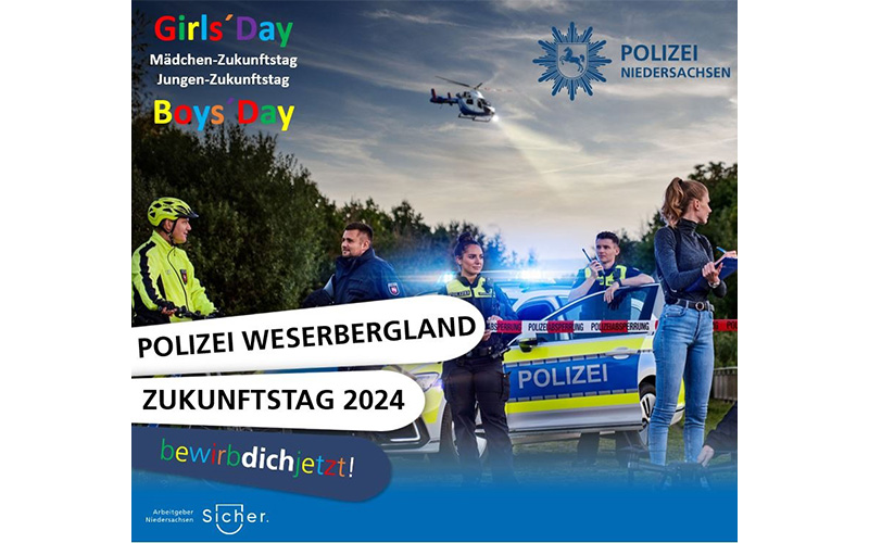 Am Zukunftstag 2024 öffnet auch die Polizei Weserbergland ihre Türen, um Euch einen Einblick in den Polizeiberuf zu ermöglichen.