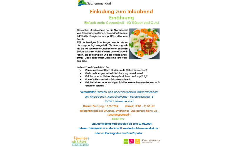 Zu einem Informationsabend über Ernährung lädt das Familien- und Kinderservicebüro Salzhemmendorf interessierte Eltern am ein.