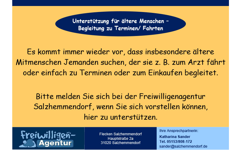 Die Freiwilligenagentur Salzhemmendorf vermittelt, berät und unterstützt ehrenamtlich Tätige sowie Vereine und Organisationen. 