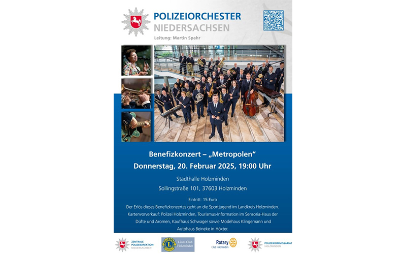 Am Donnerstag, 20.02.2025 findet um 19:00 Uhr das Benefizkonzert des Polizeiorchesters in der Stadthalle in Holzminden statt.